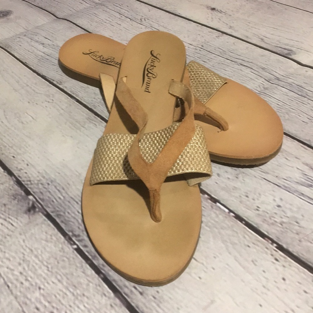 Lucky brand leather and gold metallic slip on sandals | 6M
